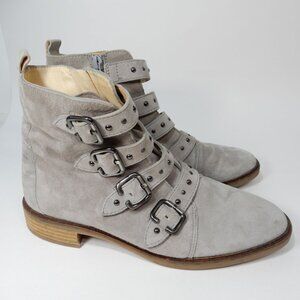 PAUL GREEN Anne Bootie Studded Boot US 7 Cloud Moto Biker Grey Suede Buckles EUC